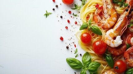 Shrimp pasta dish featuring vibrant cherry tomatoes and fresh basil, artfully arranged on a white plate, showcasing culinary artistry and inviting presentation