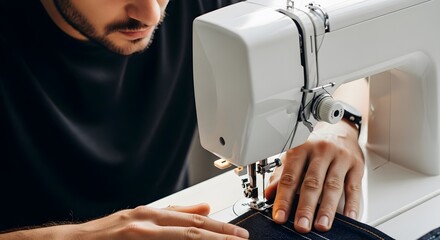 The process of making clothes by a male tailor using a modern sewing machine in warm white light with a work space background