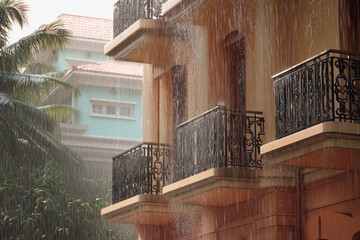 Tropical Monsoon Downpour On Pastel Low-Rise Estate, Slanting Rain Past Wrought-Iron Balconies, Tight Corner Detail, Puddle Reflections
