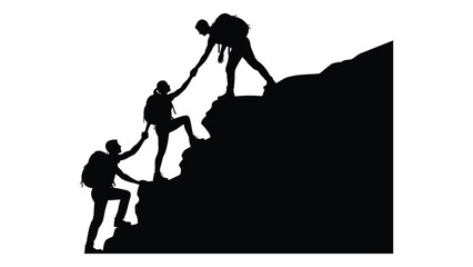 Mountain climbing teamwork silhouette isolated on white background, Vector