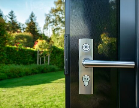 close up of a black modern aluminum door with a key lock on the front and a glass window open from the inside looking out to a green garden