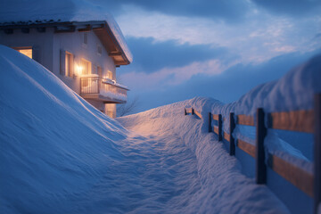 Alpine Apartment Terraces After Rime Ice With Avalanche Fences On Ridge, Blue Hour Warm Windows, Eye-Level Winter Residential Scene