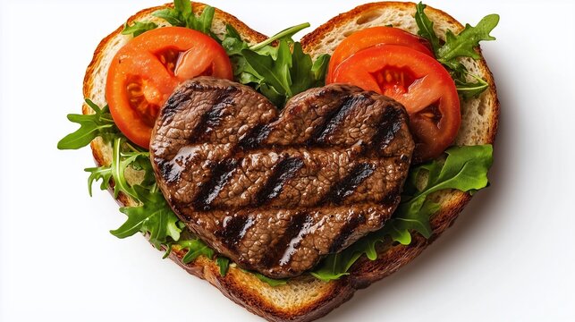 Heart-shaped grilled steak on toasted bread, garnished with fresh greens and tomato slices, showcasing a unique and romantic culinary creation