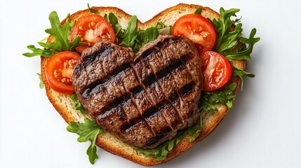 Heart-shaped grilled steak on fresh greens and tomatoes, beautifully arranged on toasted bread, evoking a romantic dining experience and culinary creativity