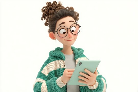 3d woman with tablet yellow attire cheerful design for tech marketing. Animated girl in stylish coat perfect for online learning or creative projects.