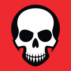 Fototapeta premium Bold graphic illustration of a white skull with black eye sockets and teeth on a vibrant red background