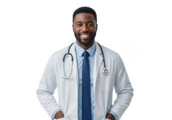 Smiling african american doctor in lab coat isolated on transparent background