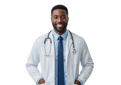 Smiling african american doctor in lab coat isolated on transparent background