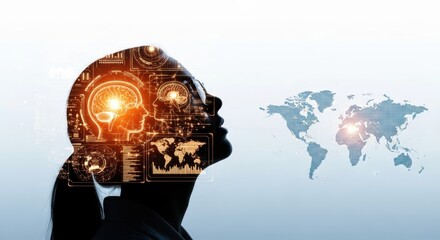 Global Intelligence: Woman's Silhouette with Brain and World Map Overlay