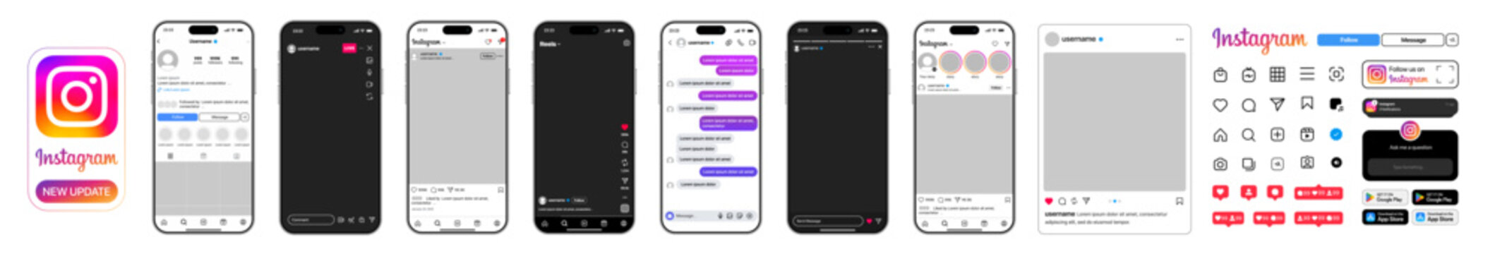instagram post and story UI layout with reels, live stream, direct message, profile view, poll option, and logo design in modern app interface components vector illustration
