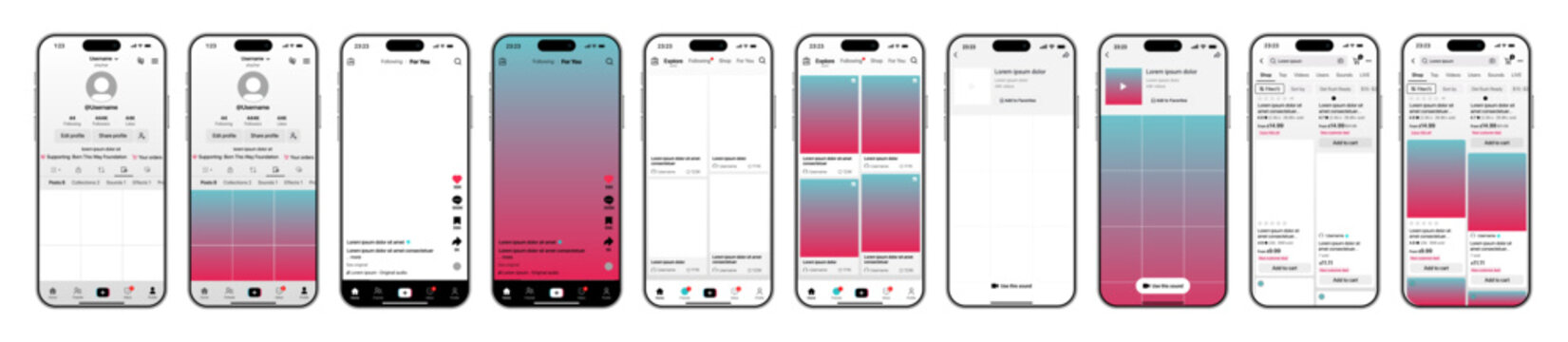 TikTok full interface layout showing home feed, reels, profile, direct messages, live stream, notifications, post creation, and settings screens in modern minimal mobile design vector illustration