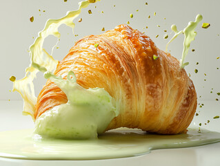 Croissant with rich green cream filling is splashing on a clean surface, with pistachio pieces scattered around, creating a vibrant and enticing food scene