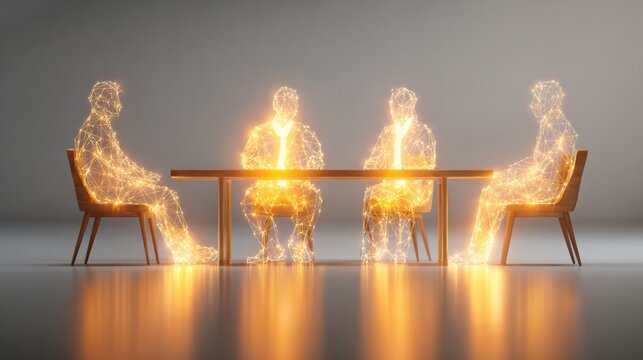 Innovative Online Meeting Scene With Futuristic Glowing Network Design and Four Participants Engaged in Discussion