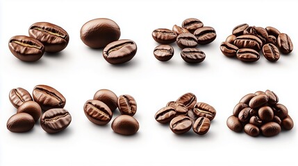 Different arrangements of roasted coffee beans, emphasizing rich textures and colors, showcasing the diversity and beauty of coffee varieties in an appealing composition