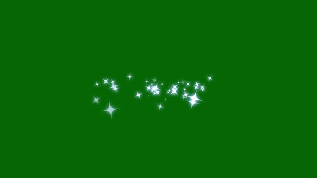 Twinkling glitter stars animation, white sparkles particle shining from moving left side exit right side, glowing light trails, 2d shining twinkle effect on green screen background. 4k video