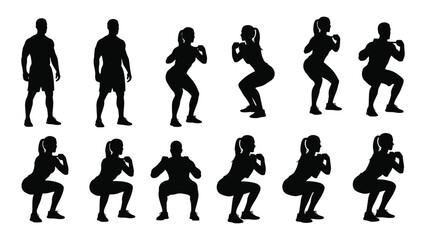 Squat exercise silhouettes isolated on white background, Vector