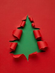 Red paper torn in shape of Christmas tree, revealing green layer underneath, symbolizing christmas holiday season.