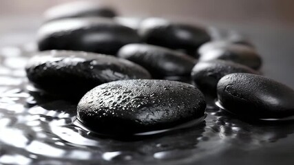 Glossy black river stones surrounded by gentle water movement, close-up focus for a calm and soothing zen spa theme - Powered by Adobe
