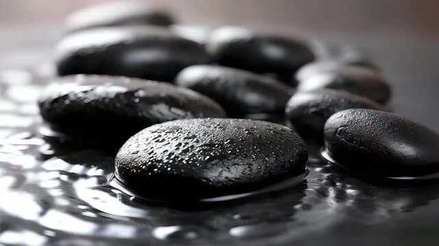 Glossy black river stones surrounded by gentle water movement, close-up focus for a calm and soothing zen spa theme