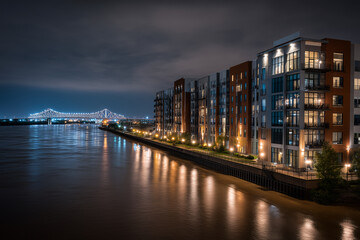 Night Thunderstorm Over Riverfront Apartments With Lightning Reflections In Windows, Long-Exposure Rooftop Tripod, Distant Bridge Glow