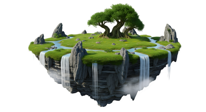 A floating island with waterfalls and lush greenery isolated on transparent background
