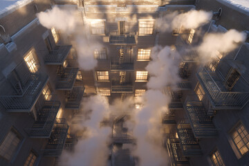 Orthographic Drone View Of Prewar Courtyard Block With Fire Escapes At Winter Sunrise, Steam Roof Vents, Strict Grid Geometry, Urban Housing Pattern