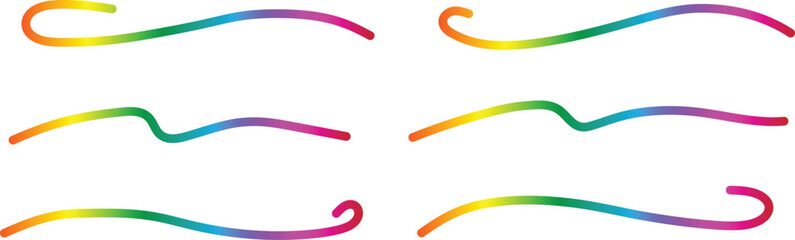 Six colorful gradient decorative lines and swirls on white background curve wavy