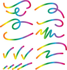 Assortment of colorful gradient lines and check marks on white background curve swirl