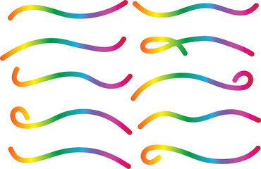 Collection of colorful gradient wavy lines and swirls on white background curve graphic