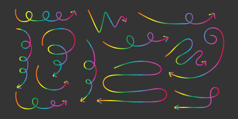 Collection of colorful gradient arrows and curved lines on dark background direction swirl