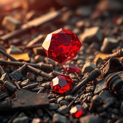 Fototapeta premium Crimson gem glitters amidst war debris, symbolizing illicit trade, earth, mineral