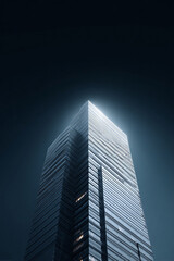 Fototapeta premium Abstract architectural shot of a modern skyscraper against a dark sky. Evokes themes of success, ambition, and innovation. Ideal for business, finance or technology visuals.