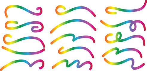 Collection of Rainbow Swirls and Flourishes on White Background Keywords: swirl, flourish, curve