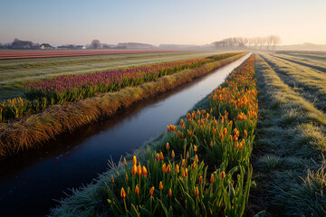 First-Frost Tulip Bulb Strips And Canals In Low Countries, Windbreak Lines, Oblique Dawn Drone, Early Spring Field Geometry