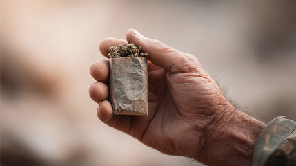 Fototapeta premium Closeup of weathered hand holding herbal material, carefully wrapped. Represents natural remedies, relaxation, agriculture or alternative lifestyle concepts.