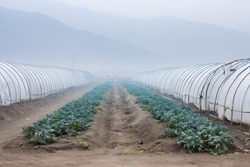 Volcanic Ash-Dusted Vegetable Rows And Hoop Houses, Clear Sky, Oblique Aerial, Restricted Zone Agriculture After Eruption