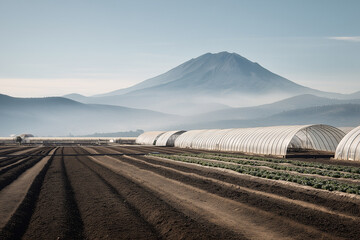 Volcanic Ash-Dusted Vegetable Rows And Hoop Houses, Clear Sky, Oblique Aerial, Restricted Zone Agriculture After Eruption