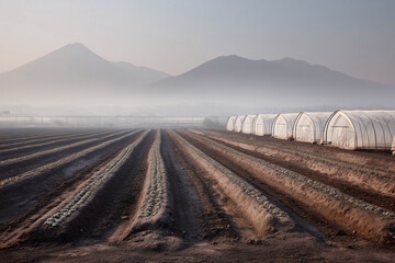 Volcanic Ash-Dusted Vegetable Rows And Hoop Houses, Clear Sky, Oblique Aerial, Restricted Zone Agriculture After Eruption