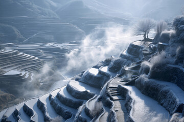 Winter Rime On River-Gorge Tea Terraces, Morning Mist Lifting, Oblique Drone Perspective, Slate Rooftops And Curving Steps