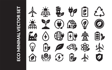 Eco Minimal Glyph Vector Icons Set. Solid Symbols of Green Energy, Sustainability, and Environment Protection.