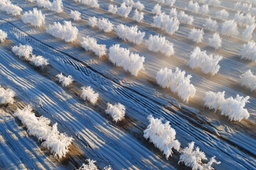 Ice-Glazed Orchard From Above After Frost-Protection Sprinklers, Golden Raking Light, Tractor Rut Patterns, High-Altitude Farm Detail