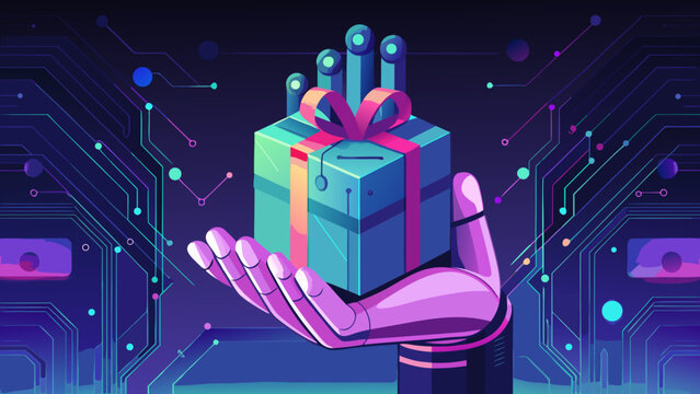 Futuristic robotic hand holding a wrapped gift box on digital circuit background