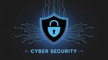 Blue Cyber Security Shield with Padlock and Circuit Board Connections Protecting Digital Data