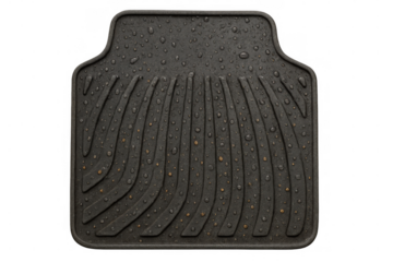Wet rubber automotive floor mat with water drops and dirt protecting vehicle interior, transparent background