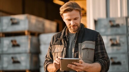 The Overseer: A focused individual in a work setting, meticulously using a tablet to manage operations with a backdrop of industrial materials, representing modern work.