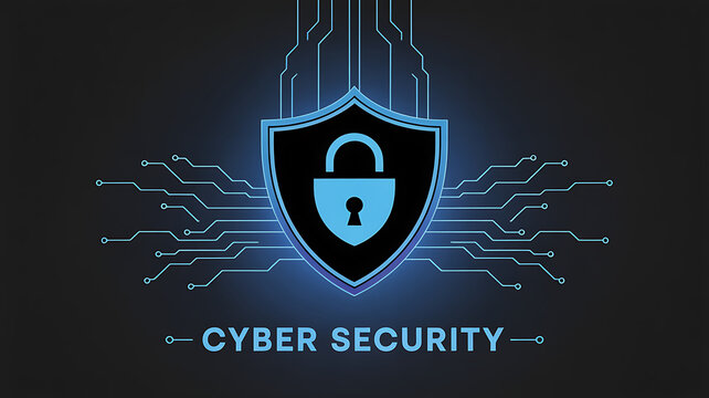 Blue Cyber Security Shield with Padlock and Circuit Board Connections Protecting Digital Data - Powered by Adobe