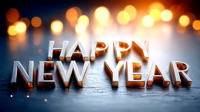 Celebrate new beginnings with stunning metallic 'Happy New Year' 3D lettering and warm bokeh lights, perfect for festive invitations and designs.