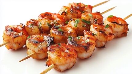 Succulent grilled shrimp skewers displayed on a white plate, garnished with fresh herbs, highlighting the appetizing seafood dish and vibrant presentation