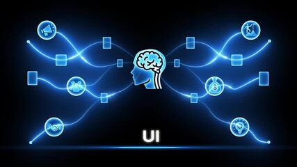 Futuristic brain network with UI text and glowing blue lines connecting icons user interface head - Powered by Adobe