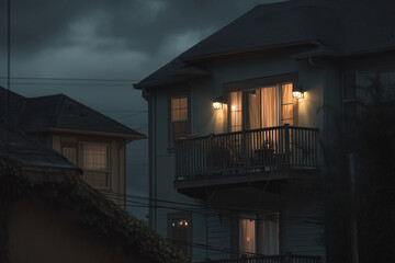 Twilight Urban Resilience Drill Using Balcony Solar-Battery Kit To Power Emergency Lanterns, Neat Cables, Eye-Level Community Scene